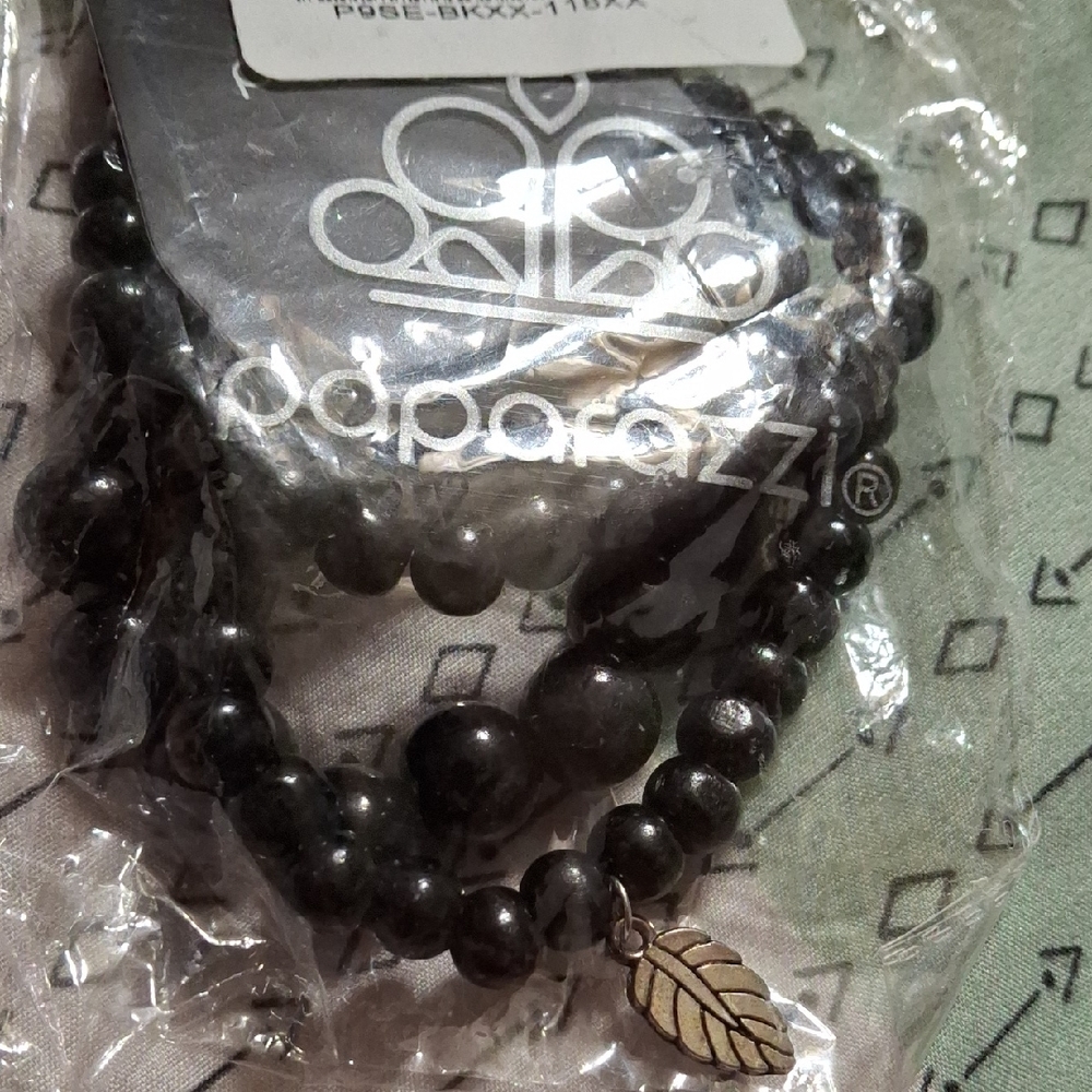 Paparazzi Black Beaded Bracelet with Leaf Charm